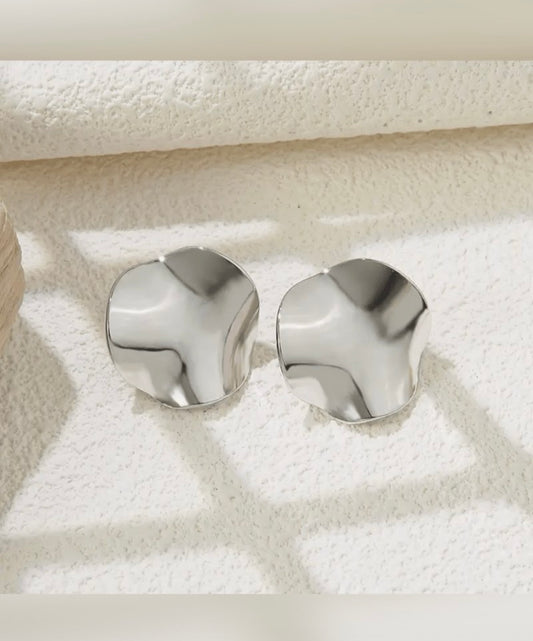 EARRINGS ~  Stainless Steel Asymmetrical  Hammered Disc Stud Earrings